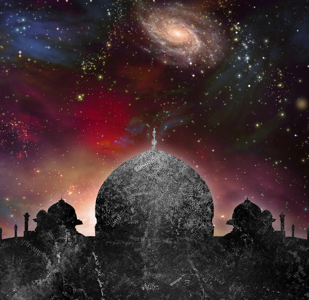 Temple in eastern style. Universe with galaxies on a background.の写真素材