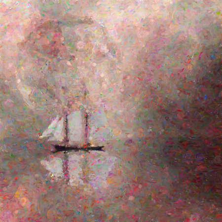 Abstract painting. Sailboat in calm water, giant moon in the skyの写真素材
