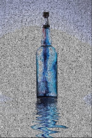 Blue substance like smoke in the glass bottle. Image composed entirely of wordsの写真素材