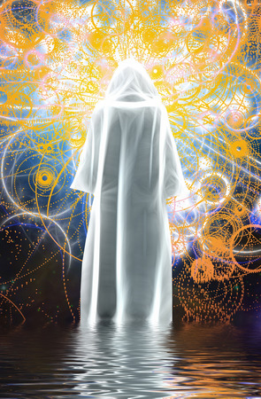 Figure in bright white cloak stands on water.の写真素材