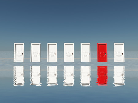 Surreal digital art. Make a Choice. Seven white door with one red door.