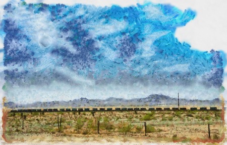 Train on a horizon, moon in the blue sky. Painting on canvasの写真素材