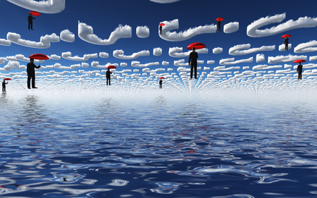Men with red umbrella floats under query clouds.の写真素材