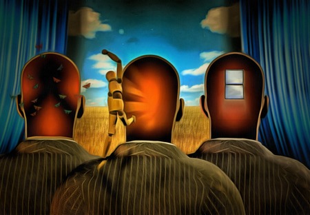 Surreal consciousness. Men with dreams in their head stands before drapes. Field behind drapes.の写真素材