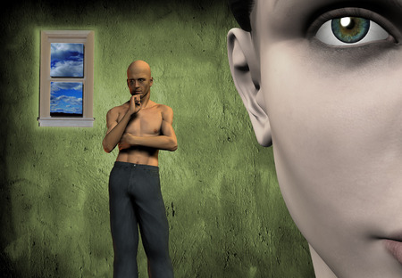 Thinking man and woman face. Empty room with green wall and small window