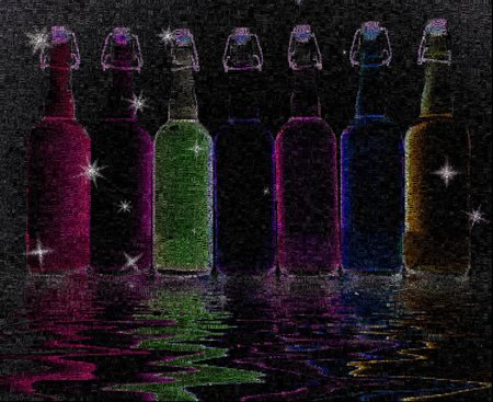 Colorful bottles reflected in water surface. Image composed entirely of wordsの写真素材