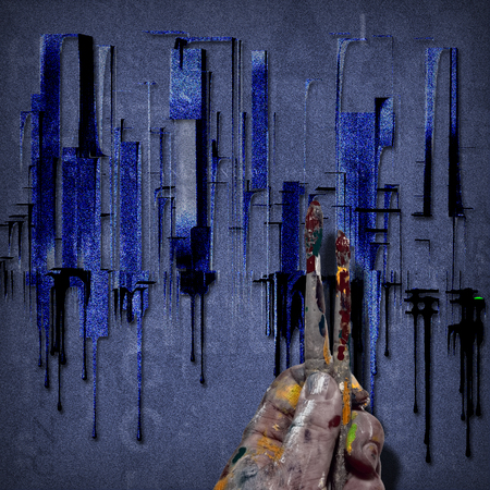 City Abstract in 1950's Style with Pop Twist. Hand of painter artist