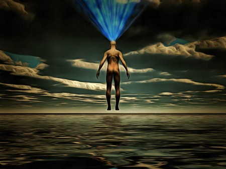 Surreal painting.Enlightenment.  Man with light outgoing from his head hovers above water.の写真素材