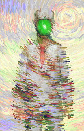 Surreal digital art. Man in white corroded suit with green apple instead of faceの写真素材