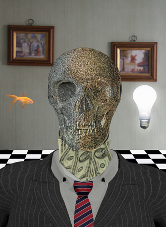Skeleton in suit with dollars around neck. Golden fish and light bulb represents wishes and ideas.の写真素材