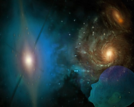 Surreal painting. Bright galaxies. Human's silhouette is dreaming.の写真素材