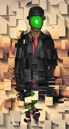 Man in dark suit hides his face behind a green appleの写真素材