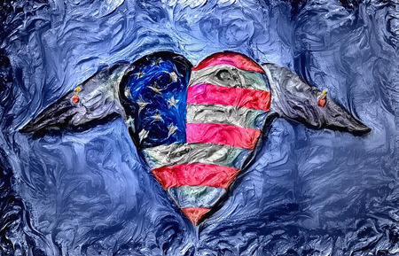 USA flag winged heart pinned to surfaceの写真素材