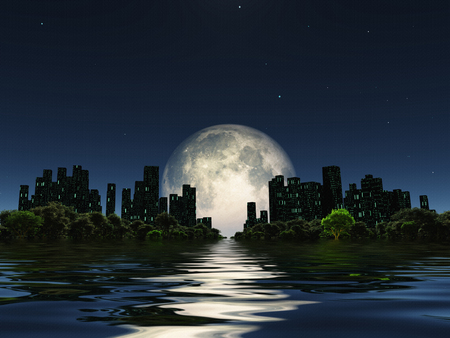 Surreal digital art. City surrounded by green trees in water world. Giant moon in the sky.の写真素材