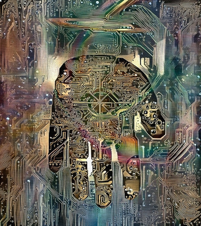 Abstract painting of human palm with eye and electronic circuit patternの写真素材