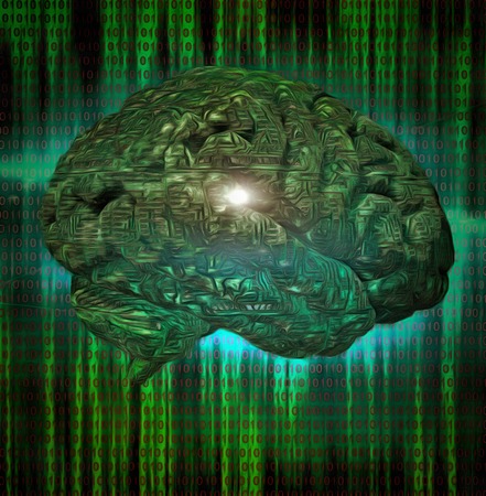 Modern art. Human brain with circuit board pattern. Background from binary code.の写真素材