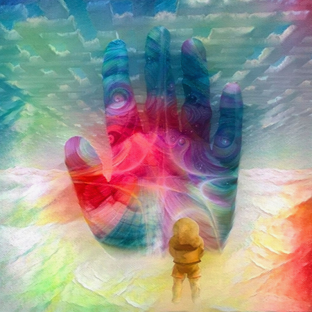 Colorful abstract painting. Astronaut before human palmの写真素材