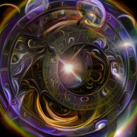 Symbolic abstract painting. Astronomical clock and Tunnel of Time