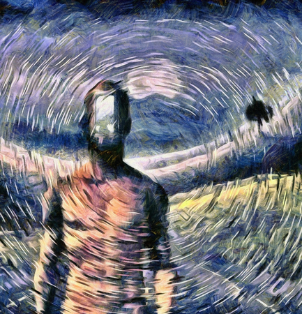 Surreal painting. Man with open door to another world instead of his faceの写真素材