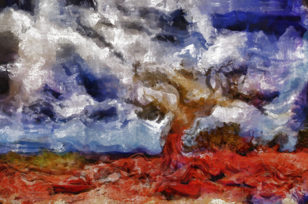 Abstract painting. Old tree on a rocky groundの写真素材
