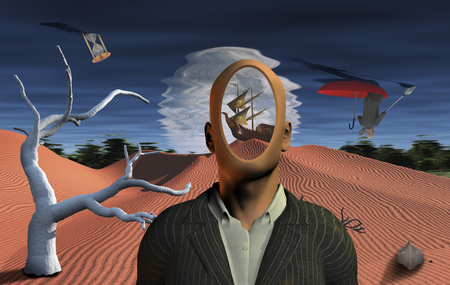 Surreal desert with ancient ship on a sand dune and dried tree. Businessman in red umbrella. Faceless man in suit. Canoe and trumpet.の写真素材