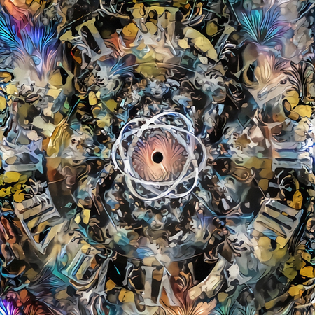 Colorful abstract painting. Clock face and atom in vivid spaceの写真素材