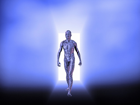 Cyborg man with electric circuit pattern on bodyの写真素材