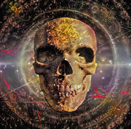 Surreal composition. Golden skullの写真素材