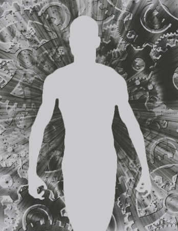 Machine Man. Human silhouette on cogwheels background