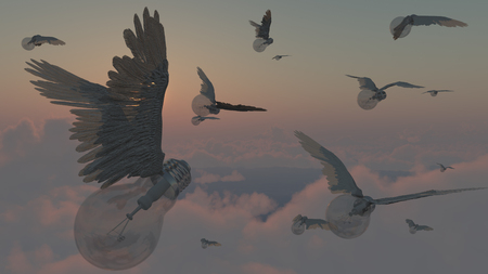 Winged ideas. Winged light bulbs in cloudy skyの写真素材