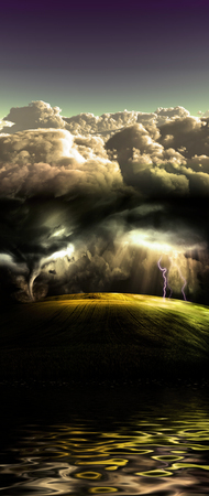 Tornado and lightnings in the green fieldの写真素材