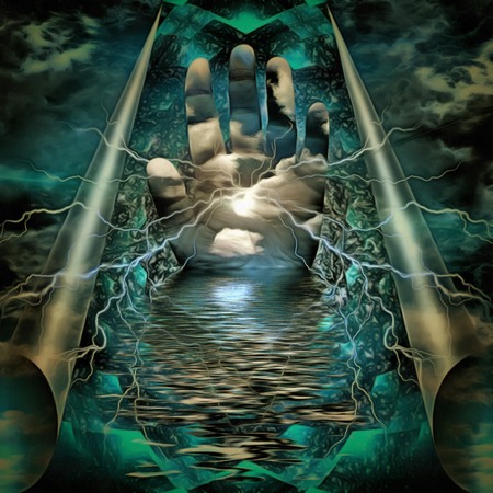 Surreal painting. Hand with lightnings.の写真素材