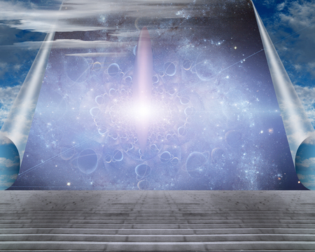 Surreal landscape. Shining star in deep space. Spacecraft behind the sky curtainsの写真素材