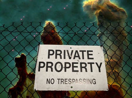 Private property sign. Nebula in the sky