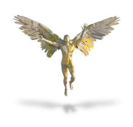Winged faceless angel made of gold. 3D renderingの写真素材