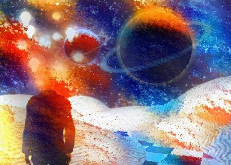 Vivid space scene. Man in suit stands on checkered road on alien planet. Light bulbs represents...