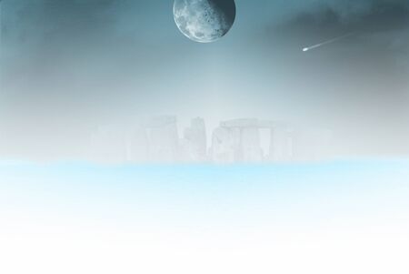 Surreal landscape. Stonehenge in the fog. Moon and comet in the sky