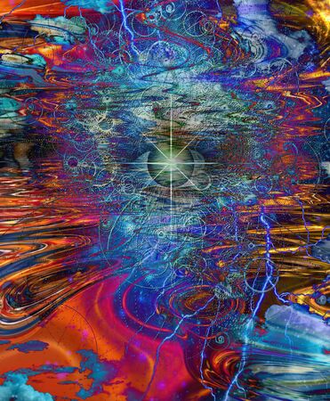 Surreal spiritual composition. All seeing eye above water surface. Vivid colorful background. 3D renderingの写真素材