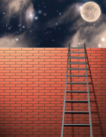 Ladder leans on wall with skyの写真素材
