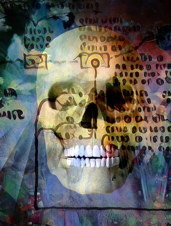 Surreal composition. Human skulll. Ancient script on the backgroundの写真素材