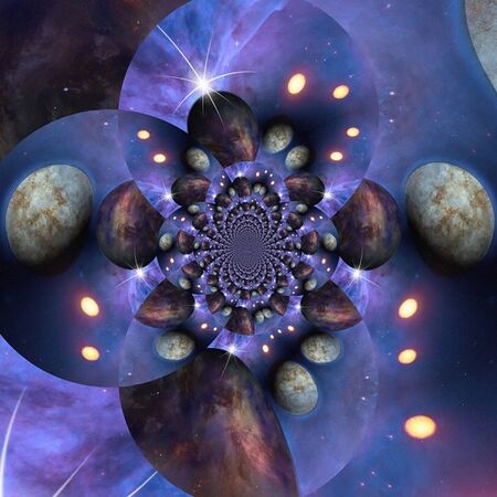 Planetarium. Planets in vivid space. Geometric fractal