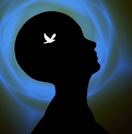 Hope. Symbolic composition. White dove silhouette inside human headの写真素材