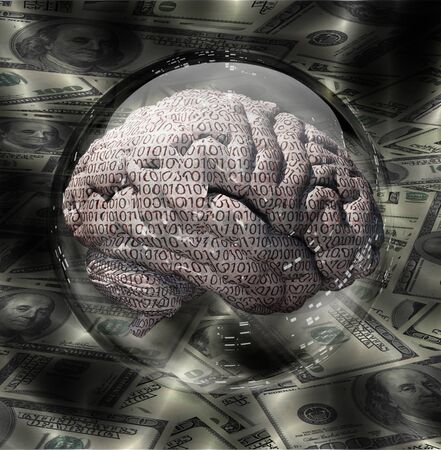 Binary brain and US currency inside crystal ballの写真素材