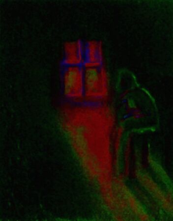 Sorrow. Abstract digital painting. Man sits before window in dark room