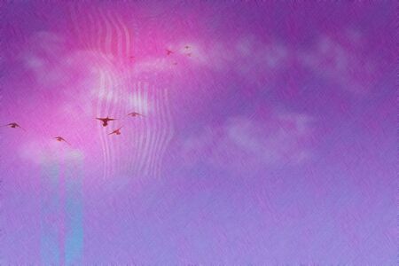 Souls. Birds flies in the sky with US flagの写真素材