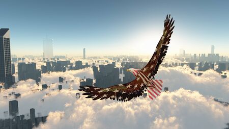 Eagle flies above megapolis. Freedom