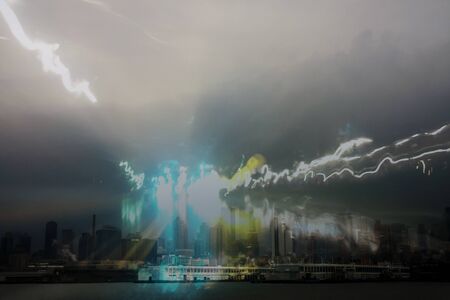 Urban grunge art. Splash of light over city