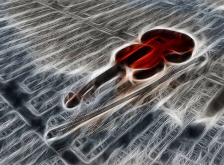 Violin on sheet music backdrop with clouds reflectingの写真素材