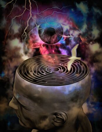 Surrealism. Maze inside man's head. Eye of God, lightning and flying birdの写真素材