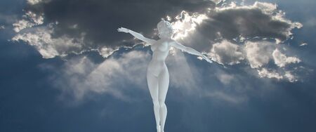Surrealism. Woman's statue made of white stone in the skyの写真素材